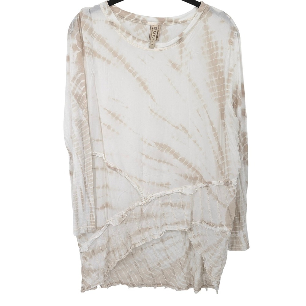 XCVI Long Sleeve Top Women Medium White Tan Tie Dye Deconstructed Raw Hem Earthy